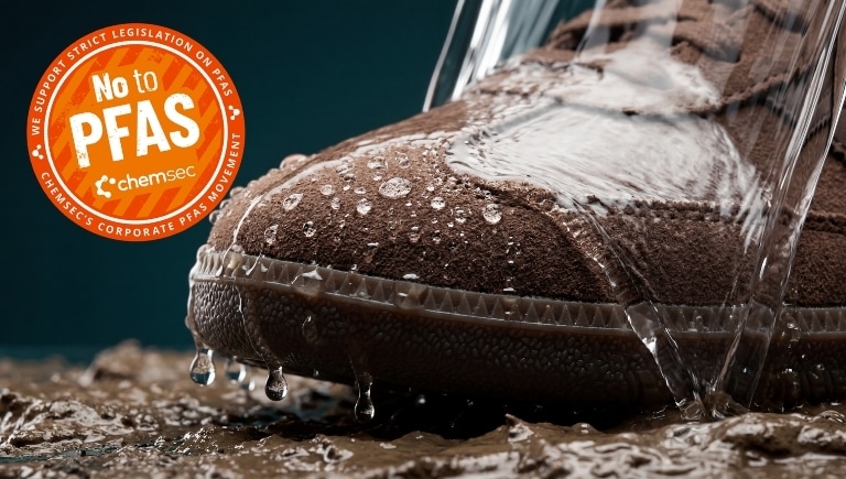 Suede shoe protected with EXPRO PFAS-free water and dirt repellent technology.