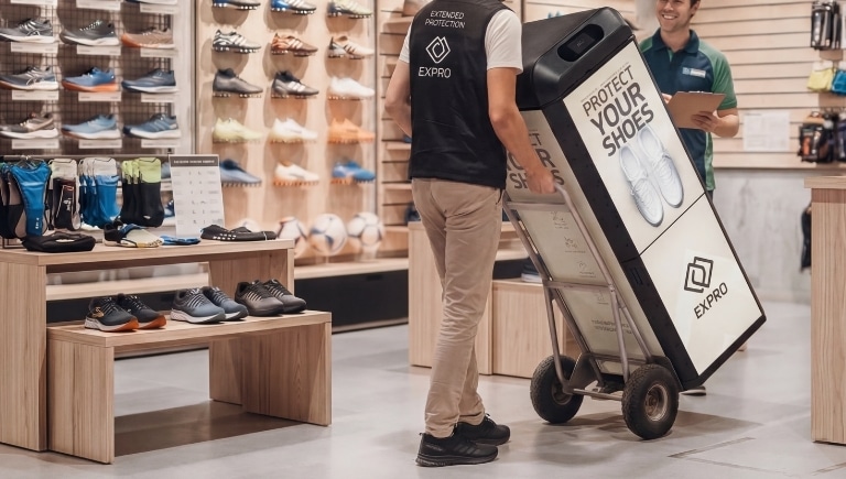 EXPRO in-store shoe protection system supporting retail profitability and extended product life.